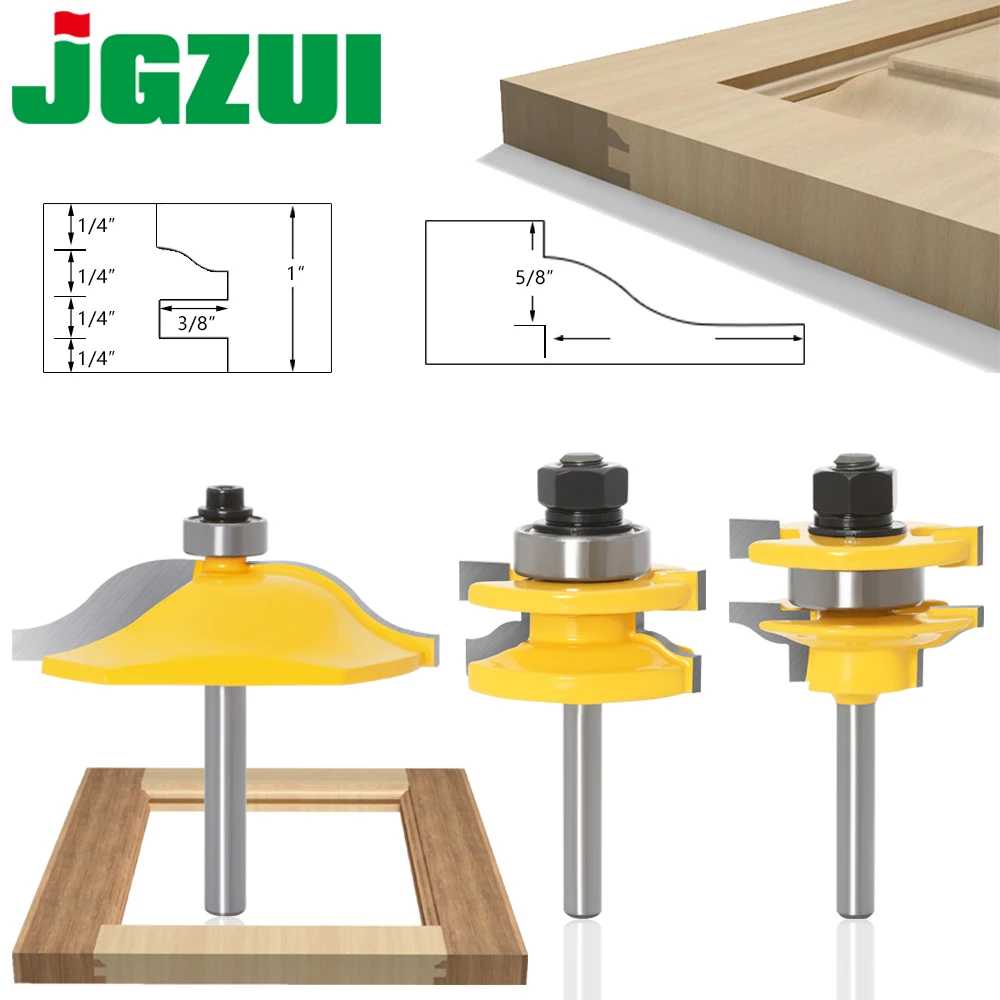 6mm 1/4inch Shank 3pcs Big Cabinet Rail & Stile Tenon Router Bit Set Door Cabinet Panel Raiser Ogee Wood Milling Cutter