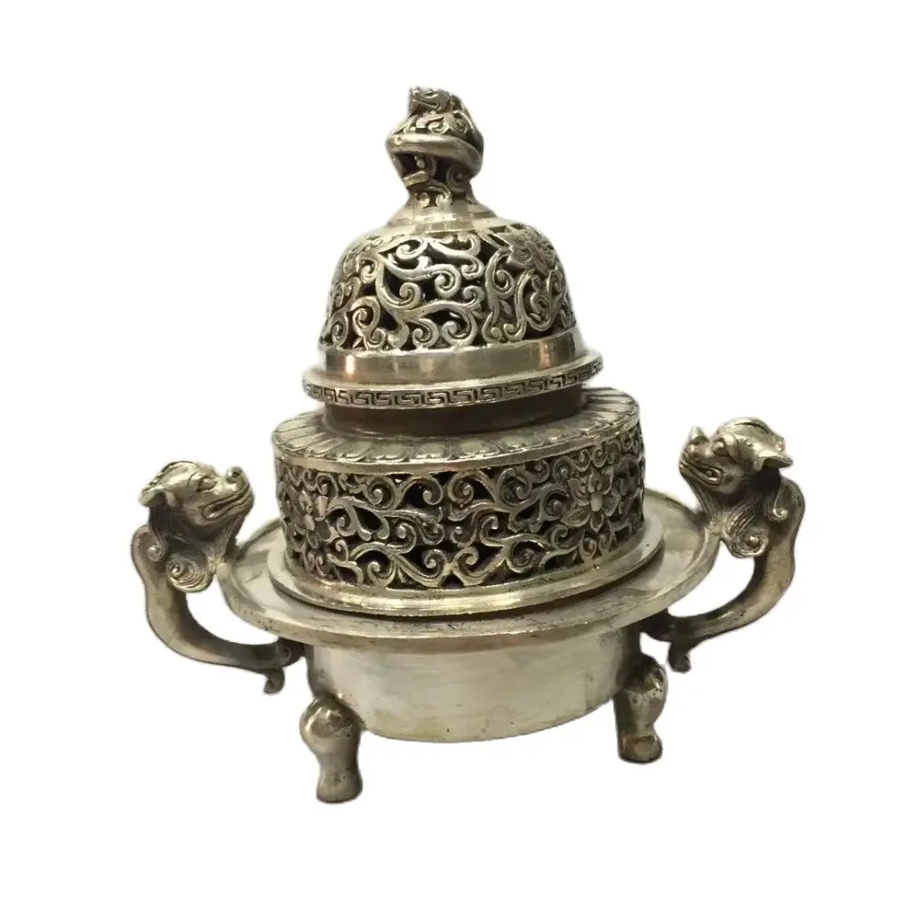 

MOEHOMES Chinese old antique silver dargon Double layer, hollowed out statues incense burner home decoration metal crafts