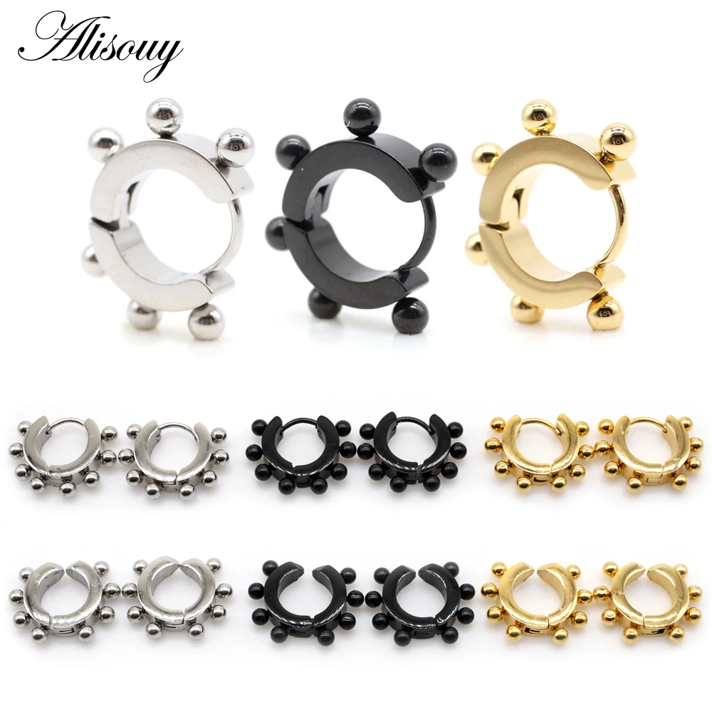 Alisouy 2pcs Balls Stainless Steel Women Men Huggies Ear Clip Cuff Brincos Buckle Circle Hoop Earring Unisex Piercing Jewelry