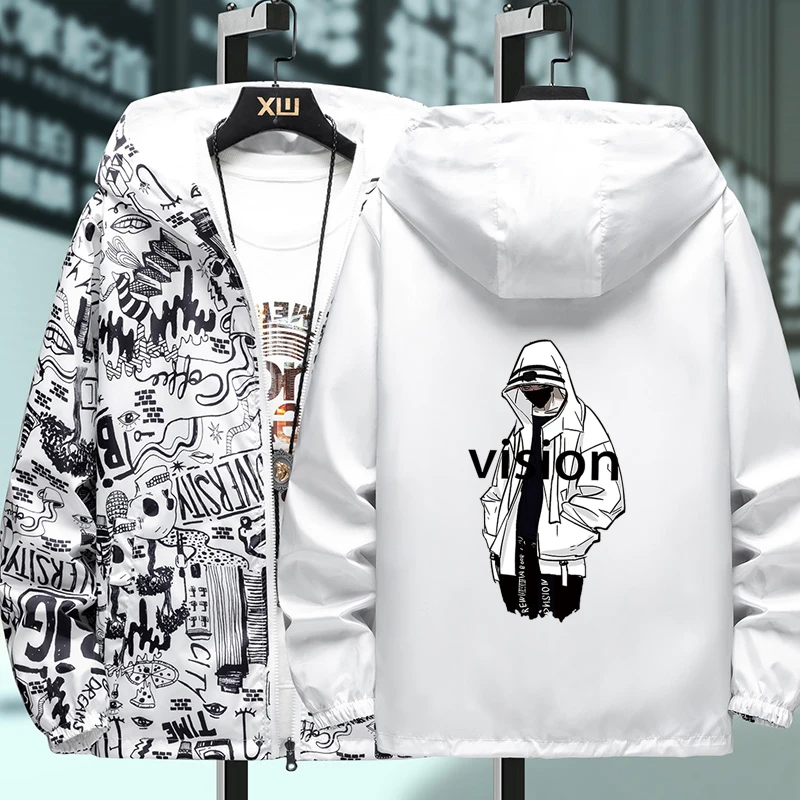 NEW Strewear Graffiti Printed Fashion Reversible Male god Jacket Men Thin Hooded Jackets Windbreakers Clothing Plus Size