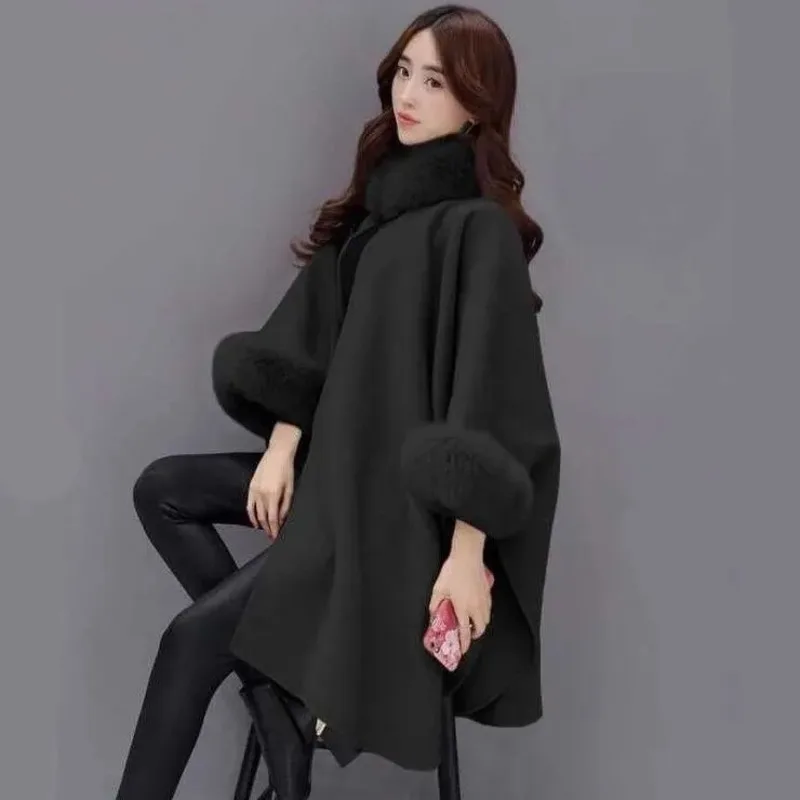 Winter Fake Fur Coat Women\'s Poncho Jacket Ladies Bat Sleeve Warm Cape Overcoat Long Cloak Outwear Casual Shawl Female New