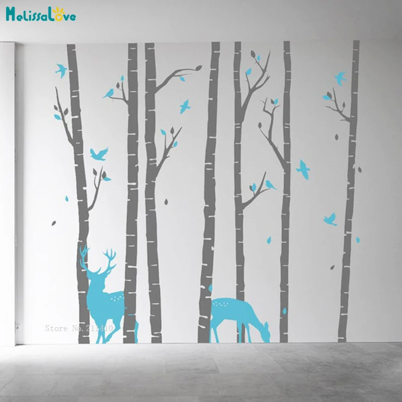 

Birch Tree Wall Sticker With Deers Birds Woodland Home Decoration Forest Nature Fashion Art Murals Handmade YT4838