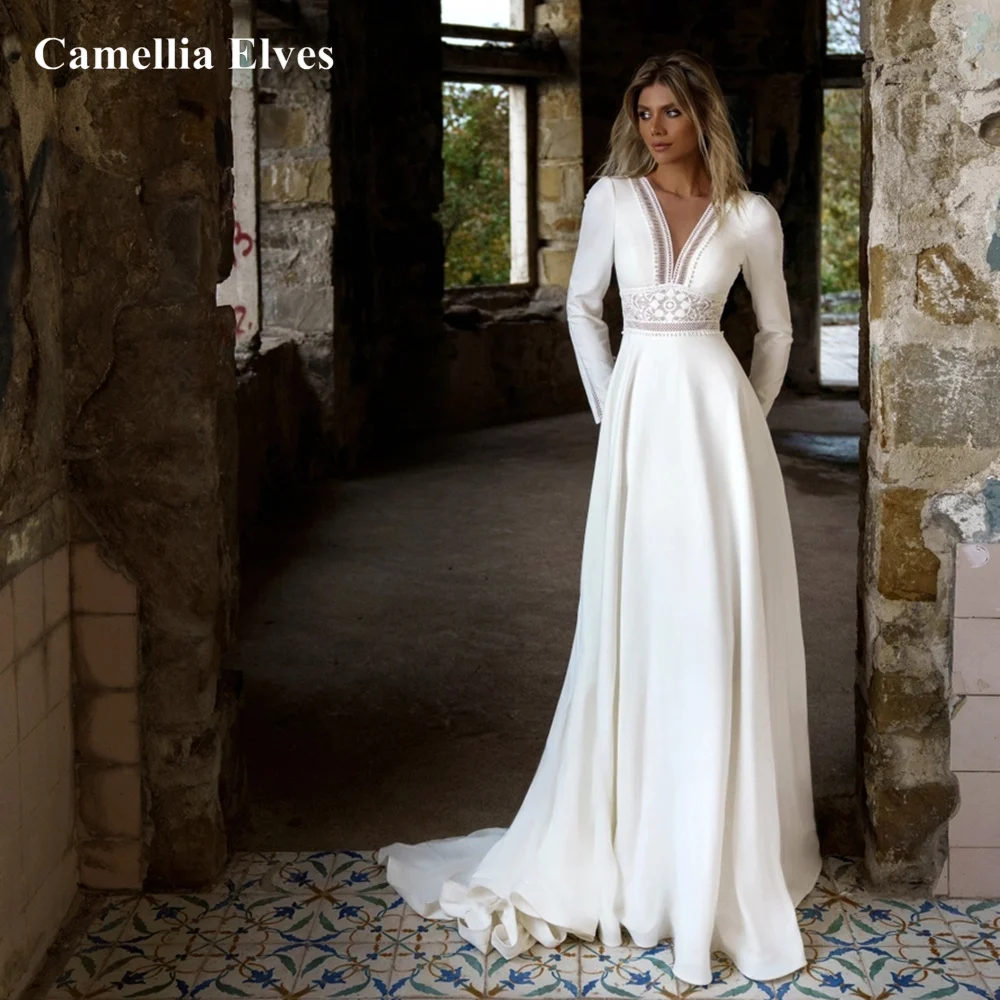 Abiti da sposa in pizzo semplice della boemia per le donne una linea abito da sposa in Chiffon maniche lunghe abito da sposa Sexy con scollo A V Vestidos De Novia