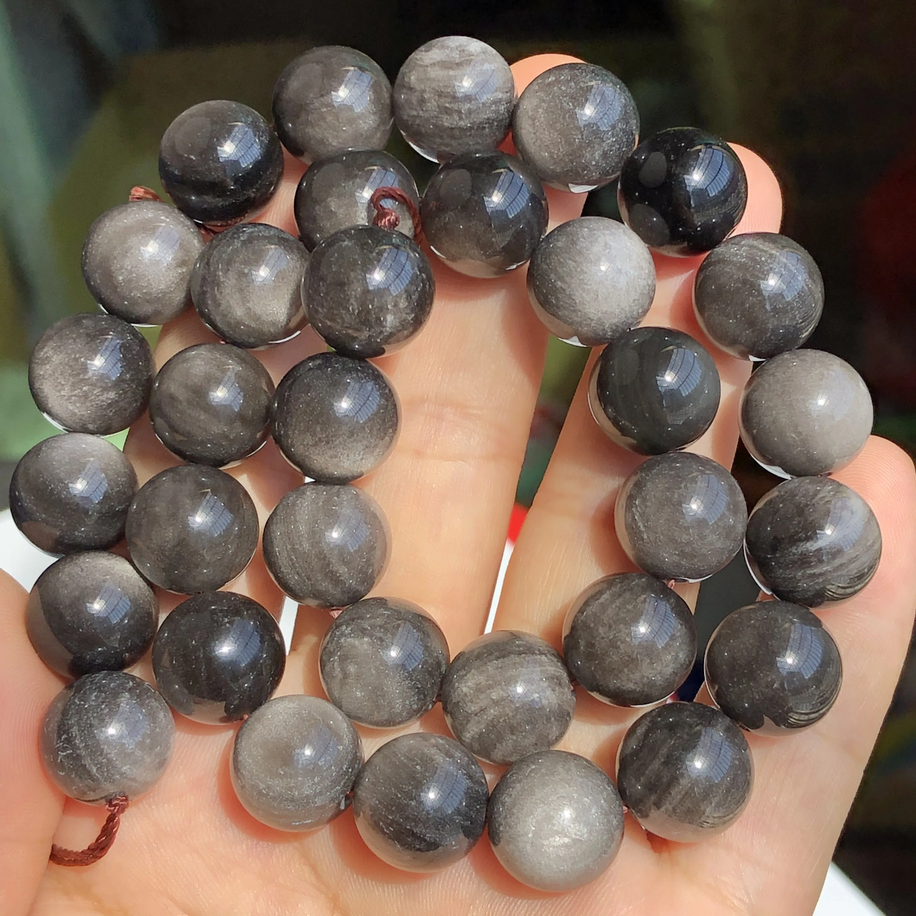 Natural Black Silver Color Obsidian Stone Beads Round Loose Spacer Beads For Jewelry Making DIY Bracelet Accessories 4-12mm 15\