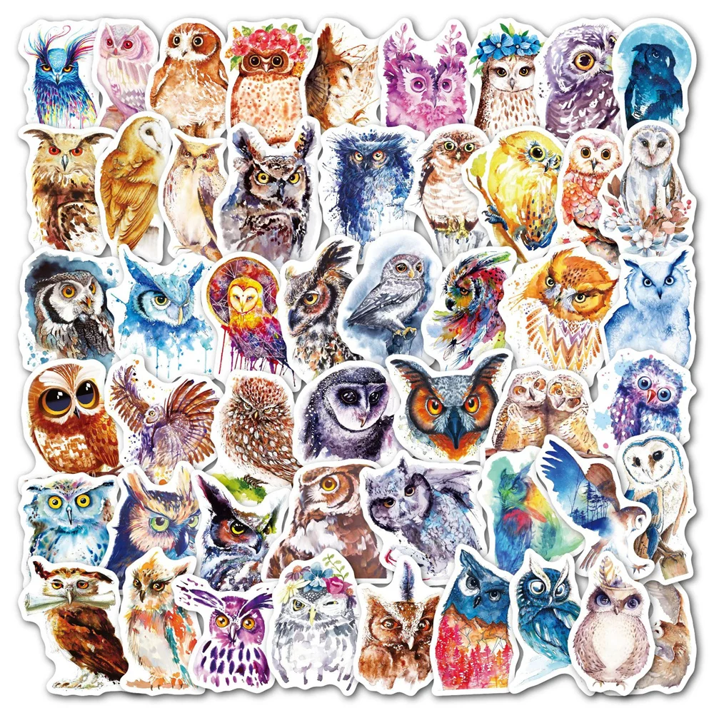 50pcs Watercolor Owl Cat Stickers For Notebooks Stationery Notepad Cute Sticker Vintage Scrapbooking Material Craft Supplies