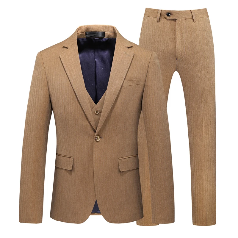 

2021 Men Khaki Color Suit Jacket Trousers Waistcoat Male Business Casual Wedding Blazers Coat Vest Pants 3 Pieces Set