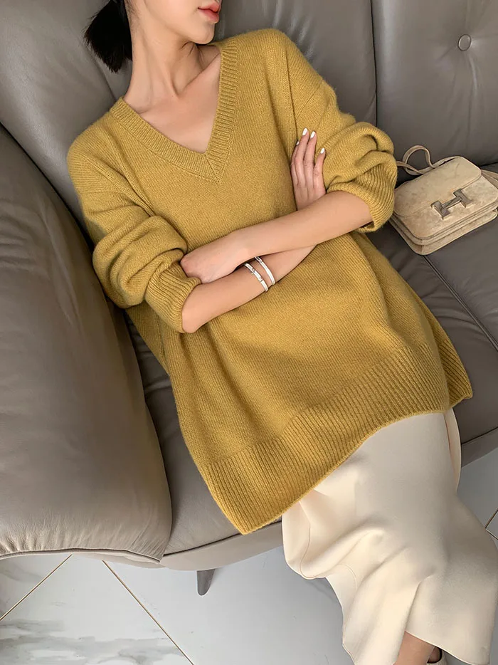 Autumn and winter Medium length  Cashmere sweater Women\'s V-Neck Solid Cashmere Sweater Sweater Pullover Clothes