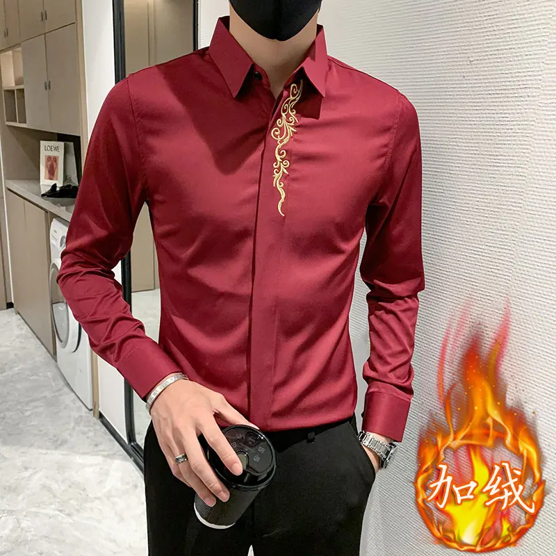 

New Autumn Winter Thicken Fleece Shirt Men Business Pure colour Shirt Long Sleeve Warm Clothes Turn Button Shirts Classic S-4XL