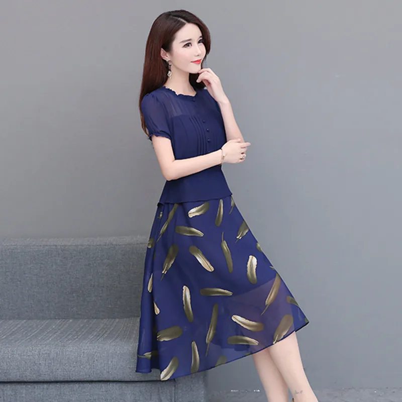 Gaun UHYTGF Gaun Sifon Pullover Kancing Sebaris Fashion Wanita Gaun Musim Panas Ramping Lengan Pendek Gaun Ukuran Besar Korea 937