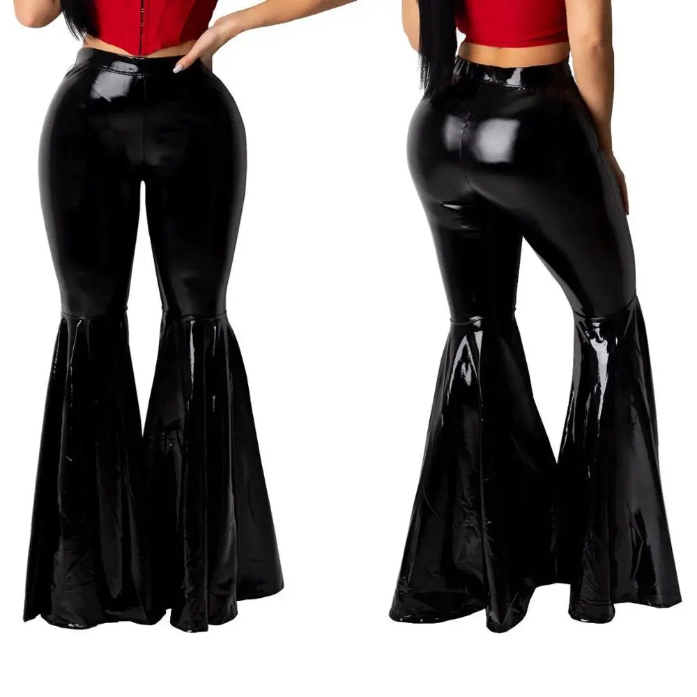 

Spring Women Lady Thin PU Leather Palazzo Flared Wide Killer Legs Pants Female Sexy Elastic Stretch Faux Skinny Pant Trouser