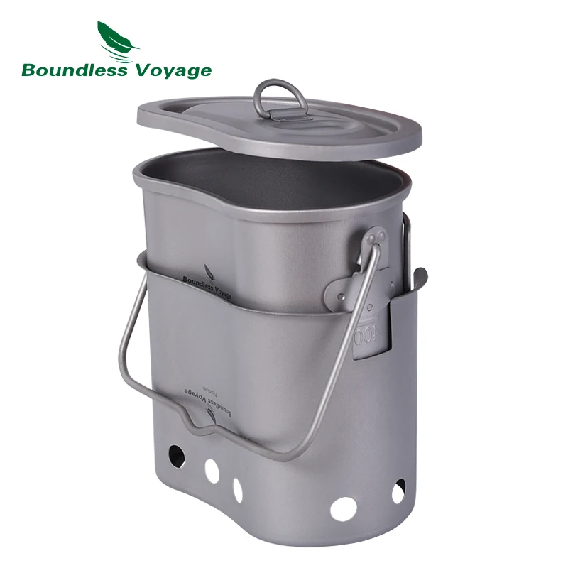 Boundless Voyage Outdoor Titanium Foldable Mini Size Wood Burning Stove with Camping Pot 2 in 1 Canteen Cup Ti2005C