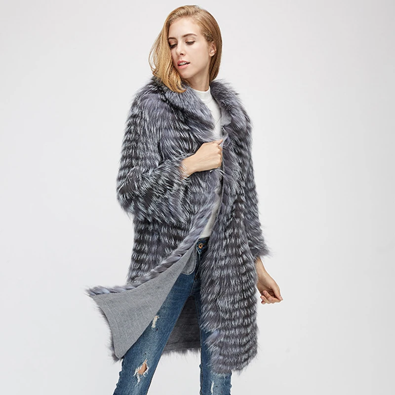 Women\'s winter fur coat is really silver fox fur long size