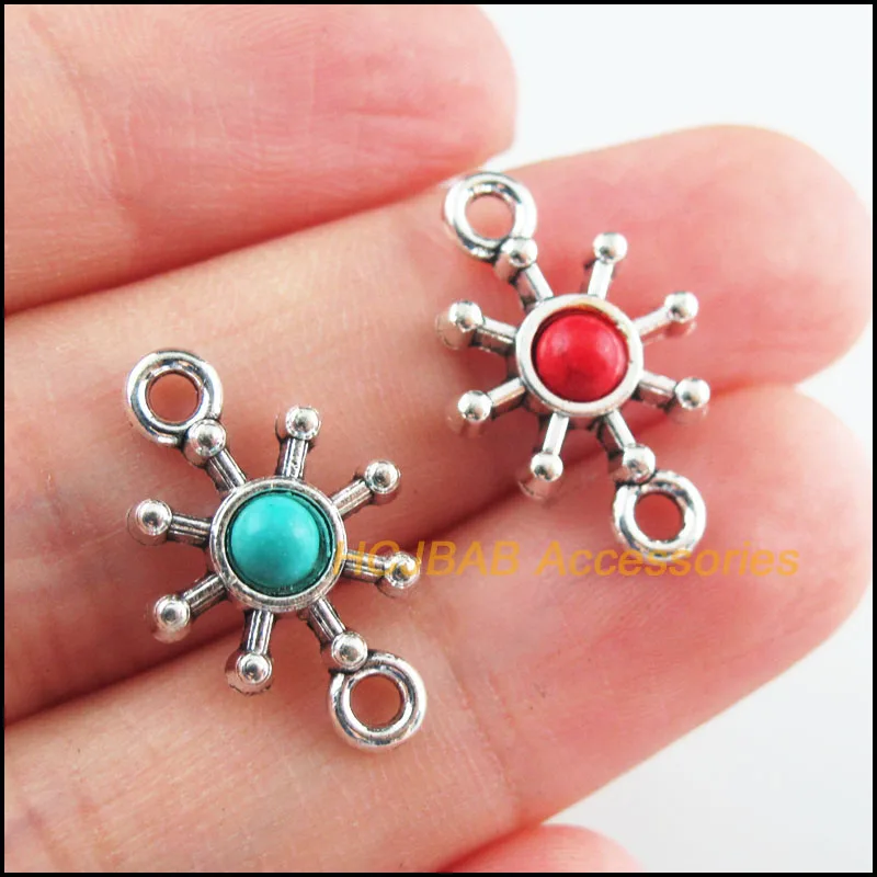 15Pcs Retro Tibetan Silver Tone Sun Flower Blue&Red Stone Charms Connectors 13.5x21mm