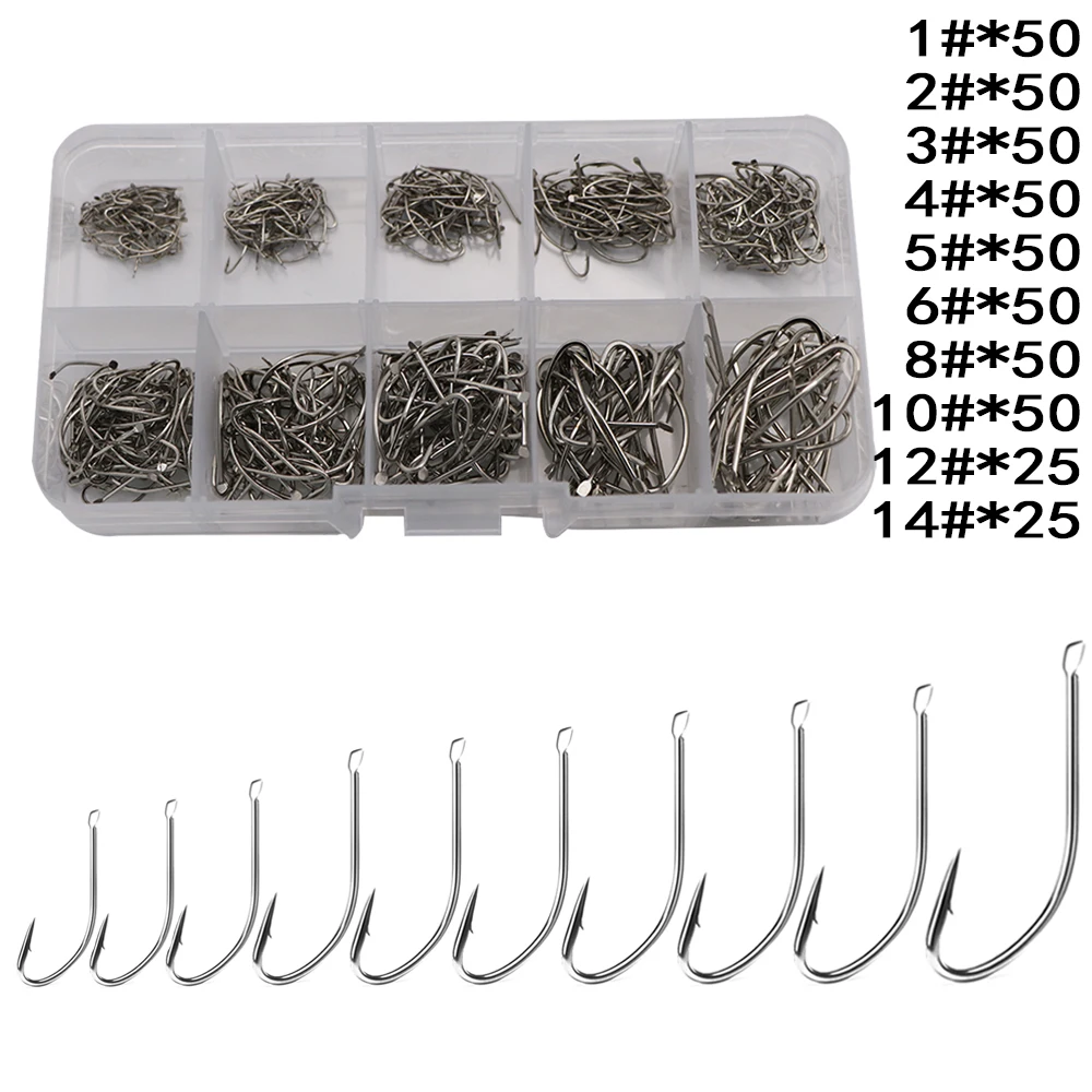 450pcs/Box 1-14# Sharpened Ultrapoint Fishing Carp Fish Treble Circle Cat Fish Hooks Set Mixed Sizes Fishhook Fishing Tackle