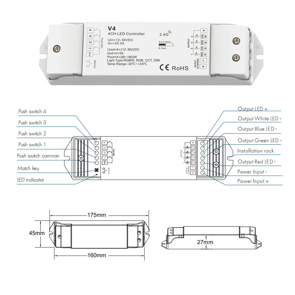 Imagem -06 - Controlador de Led de Alta Potência Canais Rgbw Rgb com Regulador de Intensidade 2.4g sem Fio 12v 24v 36v 5a 15a