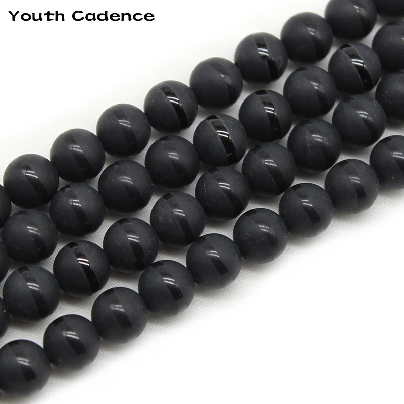 Natural Matte Black Agates Stone Beads with Black Line Stripe Round Loose Beads 6 8 10 12 MM 15