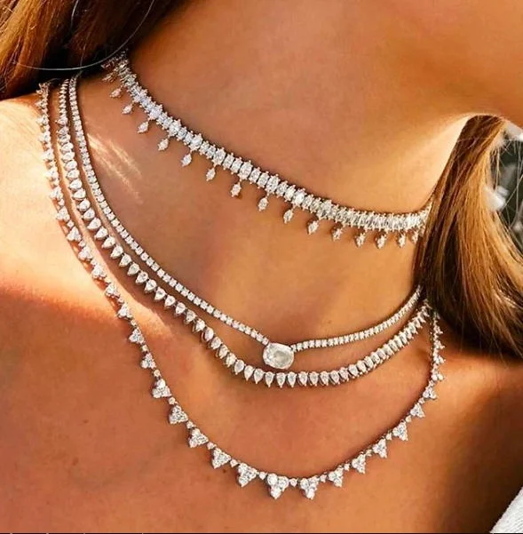 2025 Złoto Srebro Kolor Delikatny Iced Out Sparking Bling White CZ Heart Link Chain Naszyjnik Dla Dziewczyny Kobiety Choker Biżuteria Modowa
