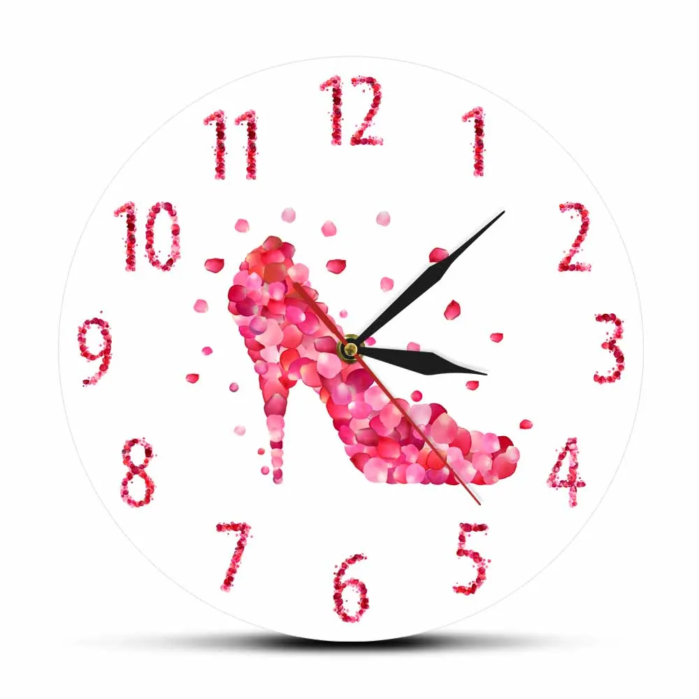 Pink Rose Petal Style High Heels Shoe Silent Wall Clock Pink Fashion Wall Art Woman Bedroom Girly Home Decor Hanging Wall Watch