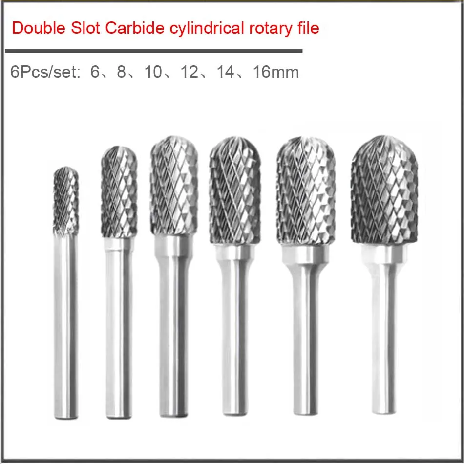 6pcs set 6 8 10 12 14 16mm TYPE-C double slot Metal tungsten steel grinding head milling cutter, Carbide cylindrical rotary file