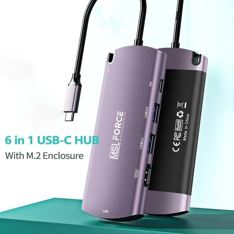 USB-C 6 in 1 HUB PD Fast Charging Hub M.2 SDD Enclosure adapter for USB3 HUB HD 4k usb c ethernet Port support SATA III adapter