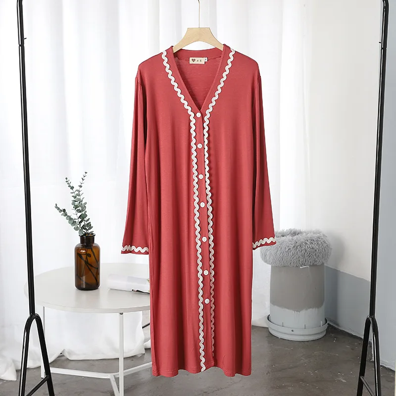 Spring Autumn Modal Nightdress Cardigan Lace Long Sleeve Mid Length Dress Outer Wear Home Clothes Women\'s Nightwear Nightgowns