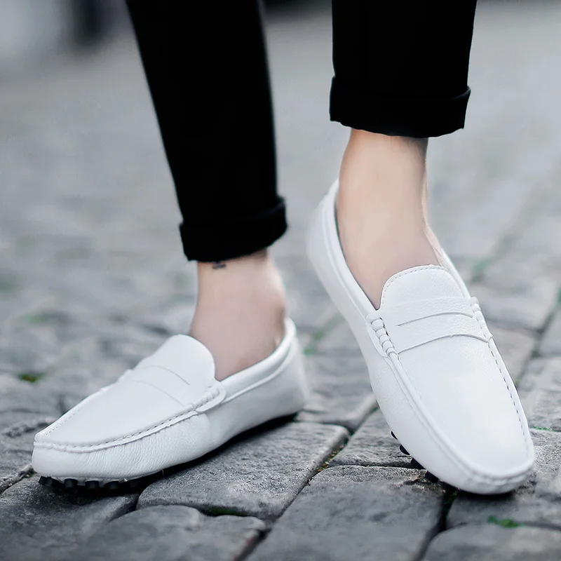 Loafers Men Mocassin Leather Flats Casual Shoes Plus Big Size 48 White Slip-On Driving Walking Shoes Chaussure Homme Cuir