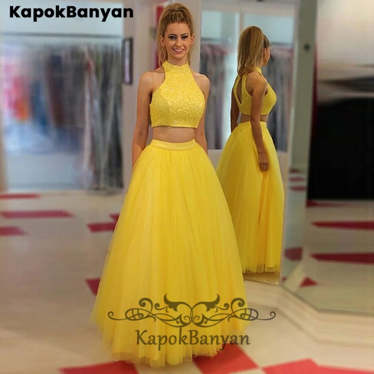 

Yellow Two Pieces Halter Long Prom Dresses Zipper Floor Length Crop Top Lace Party Gown