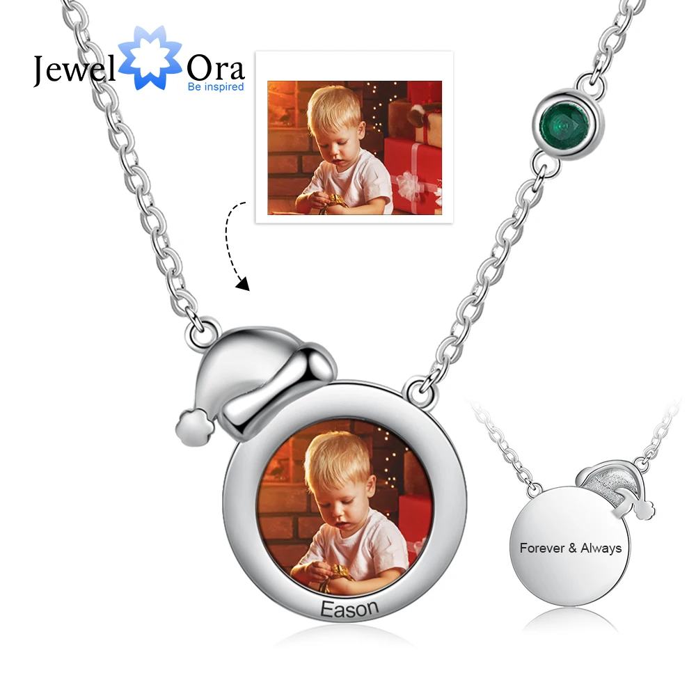 JewelOra Designer Customized Children Photo Christmas Hat Round Pendant Personalized Name Engraved Necklace Women Xmas Gifts