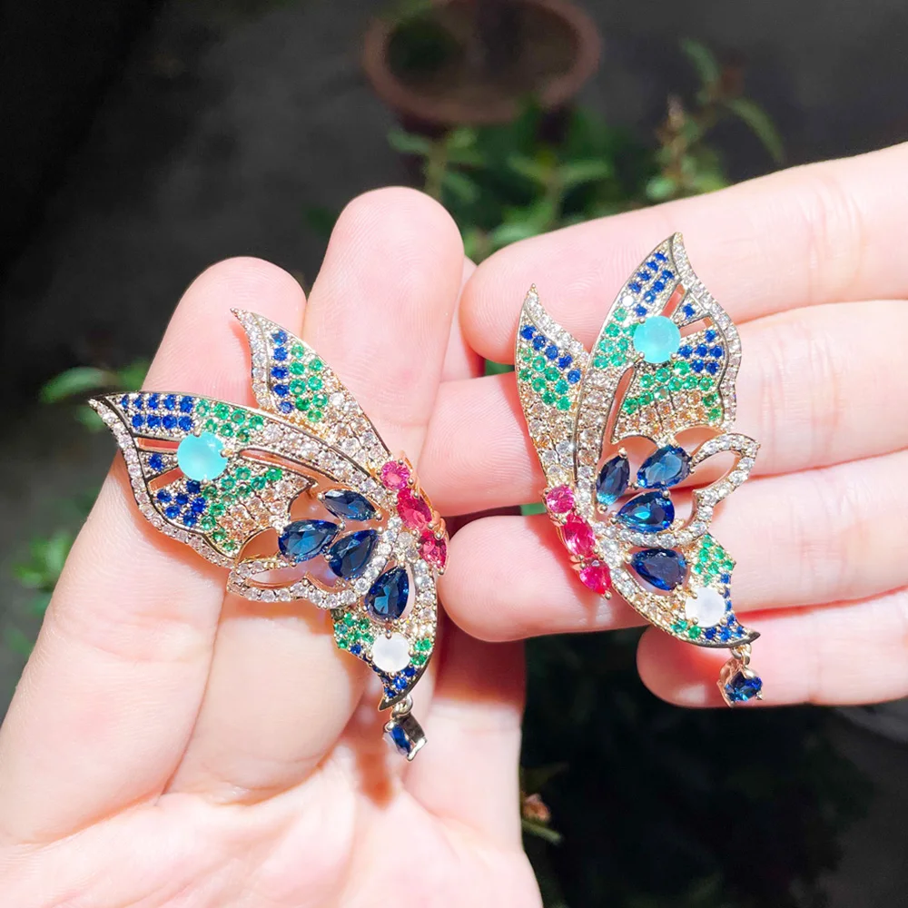

Pera Fashion Brazilian Gold Color Big Flying Butterfly Earrings for Women Colorful CZ Bridal Wedding Jewelry Accessories E754