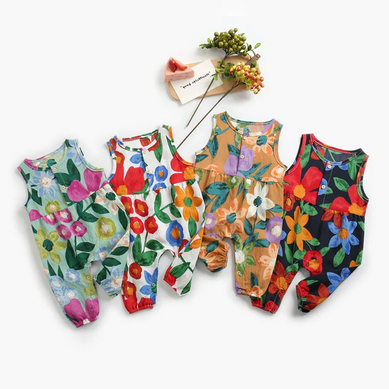 Summer Girls Clothes Floral Cotton Sleeveless Rompers