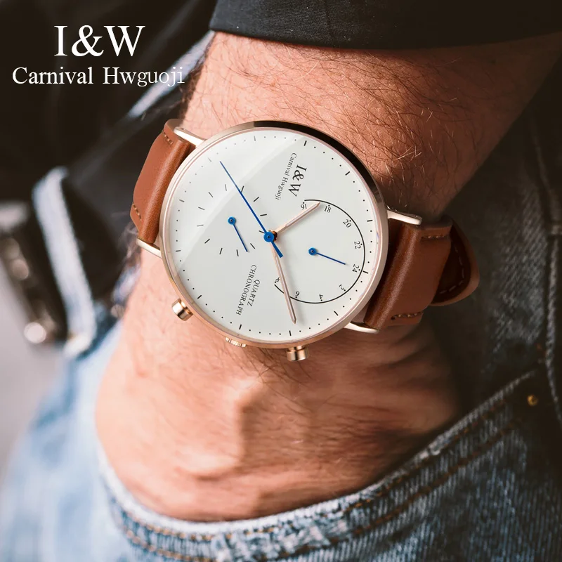 Montre CARNIVAL Man Fashion GMT Watch for Men Brand Luxury Dual Time Zone leather Quartz Watches Waterproof Mens Reloj Hombre