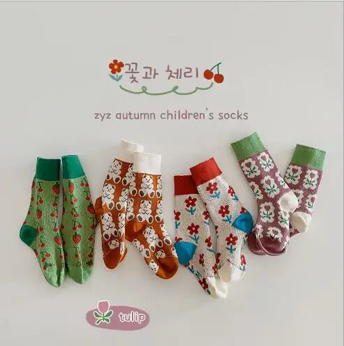 

4Pairs Pack 1-8 Year2021 autumn and winter cartoon girls socks flower tube socks combed cotton baby socks