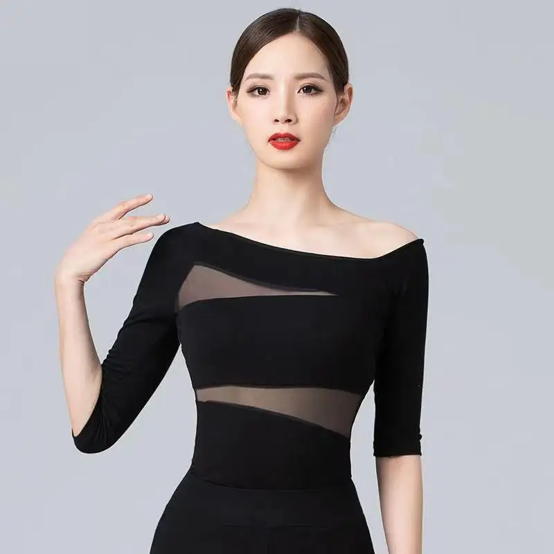 Mono de Tops de baile Latino de manga media para mujer, ropa de cintura de retazos, camisa de baile latino, Performamnce, Sexy, Tango, Chacha