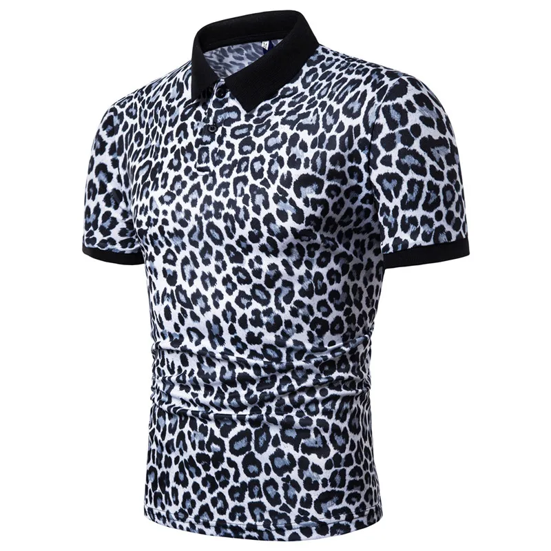 Fashion New Summer Casual T Shirt Men Short Sleeve Turn Down Collar Slim Fit Shirt Sexy leopard print polo shirt