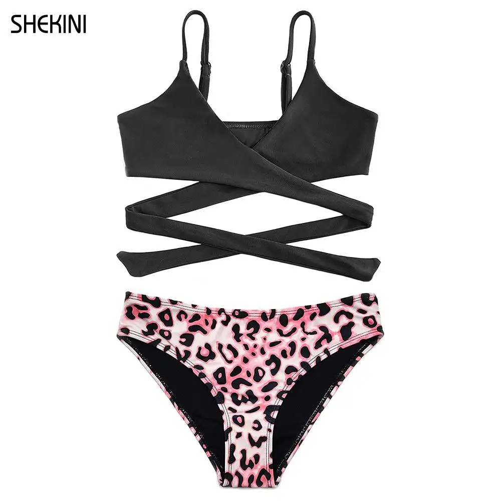 SHEKINI Girls Printing Bathing Suits Crisscross Bandage Two Piece Swimsuits Teenage Girls Bikini Set Teen Lovely Beach Swimwear