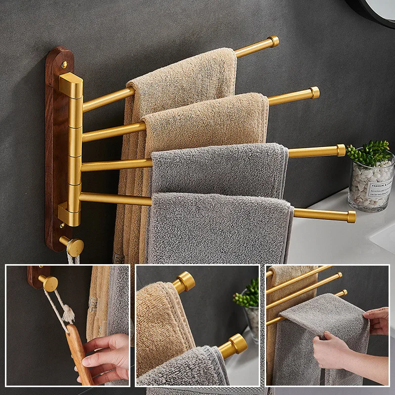 Tuqiu Swivel Towel Hanger Brushed Gold Wood Towel Bar Wall Mounted Folding Bathroom Towel Rail Rack Bathroom Towel Holder