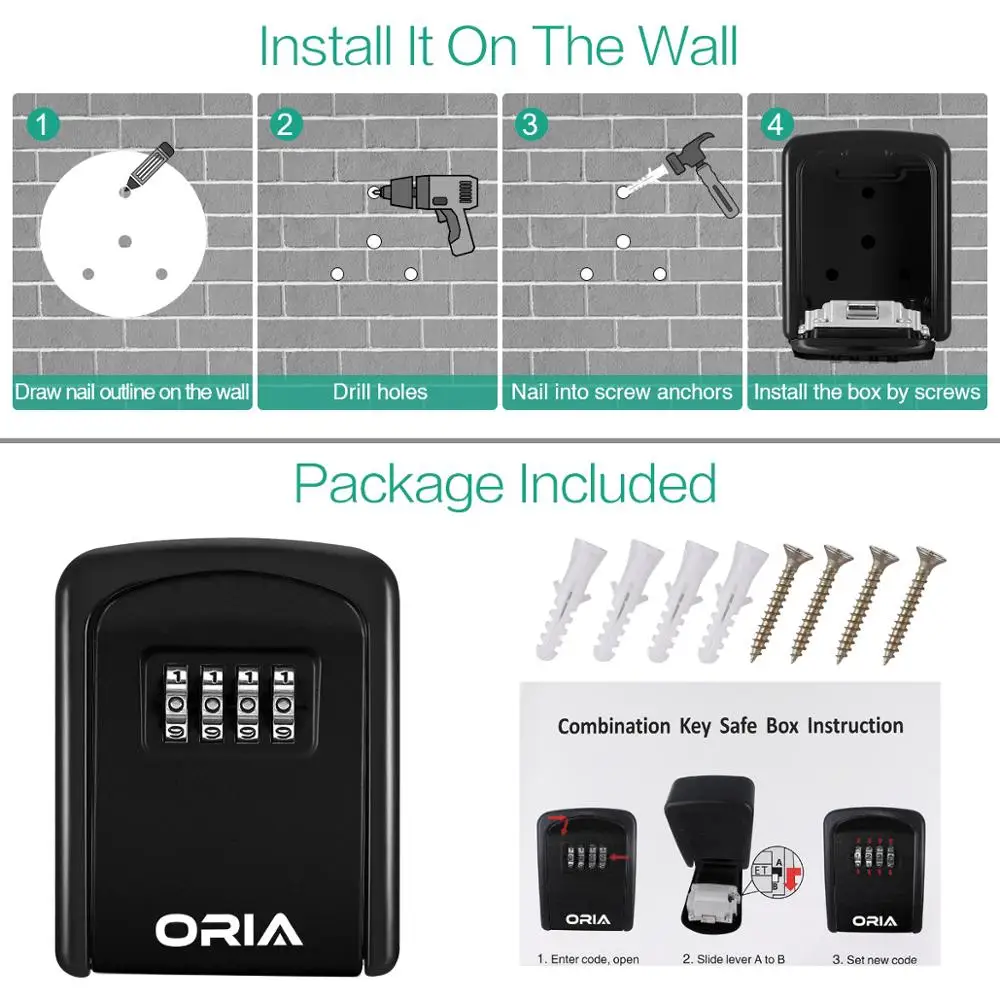 ORIA รหัสผ่านกล่องกุญแจตกแต่งกล่องรหัสกุญแจกล่องเก็บกุญแจกล่องรหัสผ่านติดผนังกลางแจ้งกุญแจตู้เซฟล็อคกล่อง