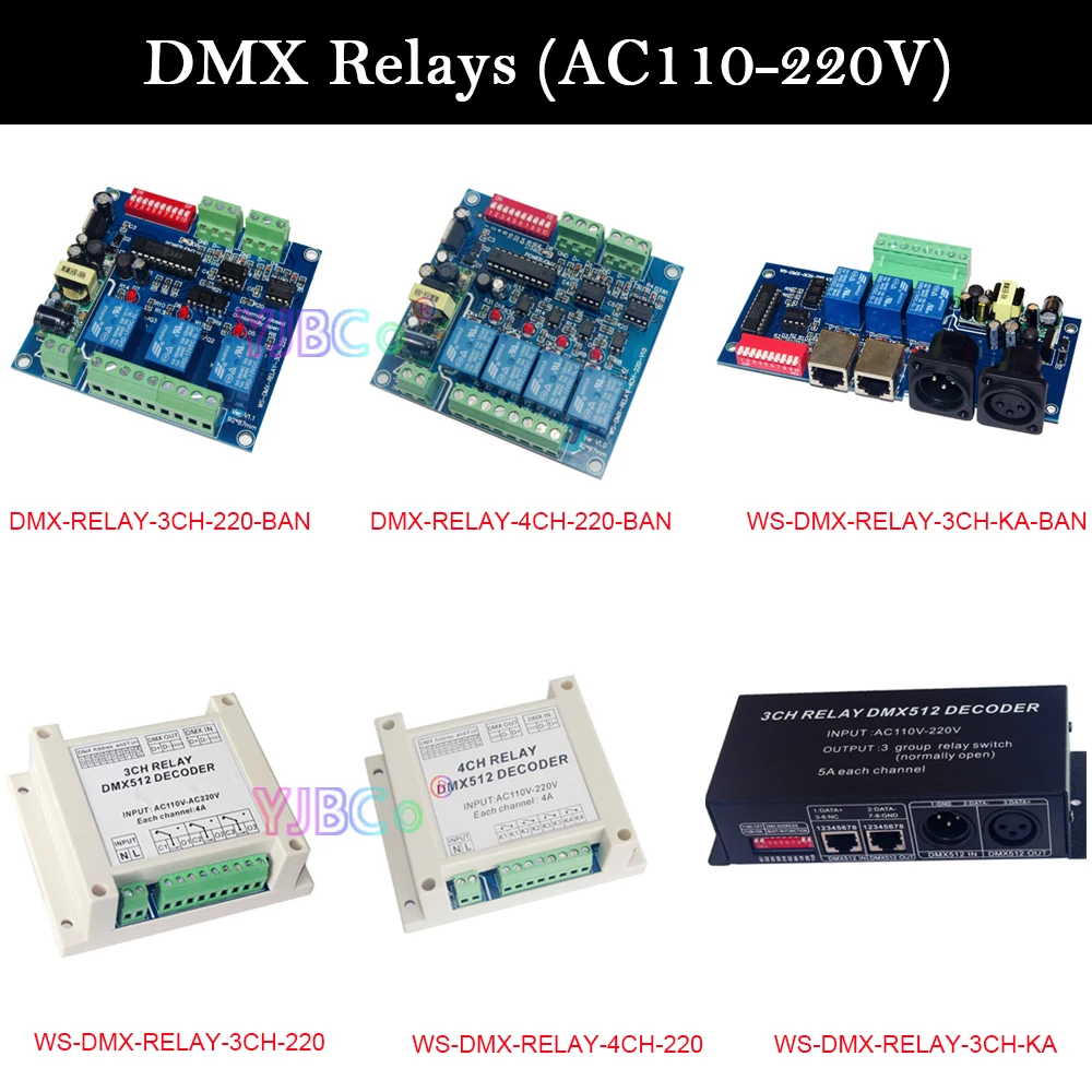 

High Voltage 3 CH 4 CH Channels DMX512 Decoder Relays LED RGB RGBW Controller AC110V 220V XRL RJ45 Relay switch For Lamp Light