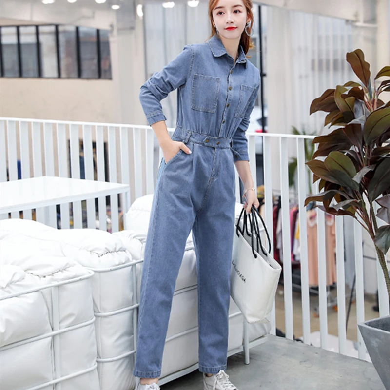 Musim Semi Denim Panjang Celana Kodok Wanita Lengan Panjang Tombol Kantong Kasual Longgar Playsuits Biru Musim Gugur Liar Plus Ukuran Rompers Wanita