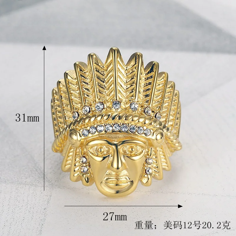 Hip Hop Rhinestones Paved Bling Iced Out Gold Color Stainless Steel Indian Chief Rings for Men Rapper Jewelry