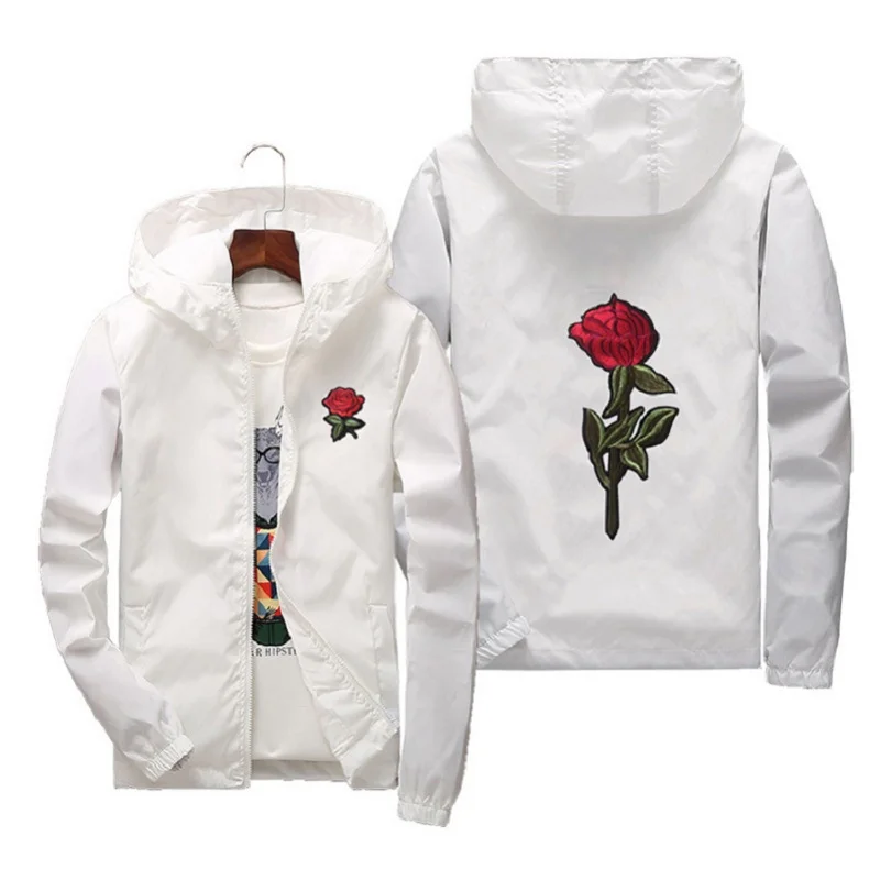 

Asstseries Embroidery Rose Flower windbreaker Jacket men Big Size S-7XL Hooded bomber jacket Skin Mens Jackets jaqueta masculina