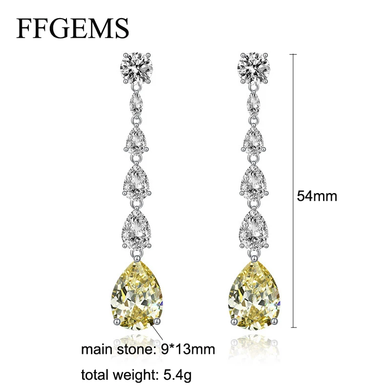 FFGems 100% 925 Sterling Silver Citrine yellow Gemstone Drop Dangle big Moissanite Gold Earring Fine Jewelry Gift for women 2020