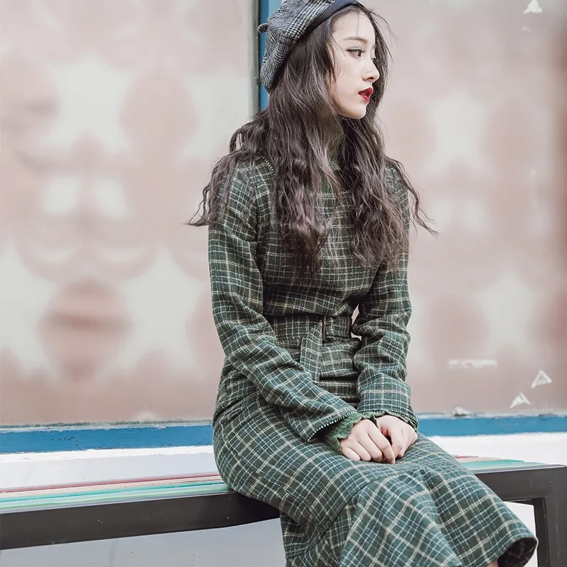 Vintage Elegant Sweaters Green Plaid Tweed Two Piece Set Women Streetwear Autumn Winter Slim Ruffle Long Dress Suit S-L