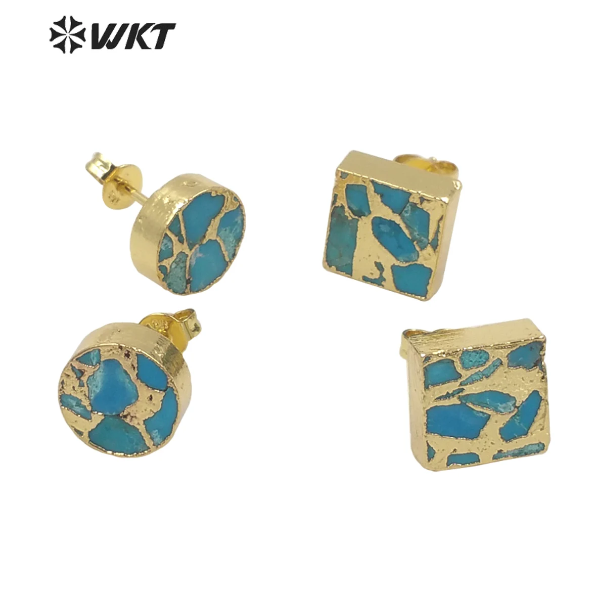 WT-E645 Wholesale Fashion Tiny Copper Natural Green Stone Earrings Studs Lady Jewelry Gold Electroplated For Friends Gift