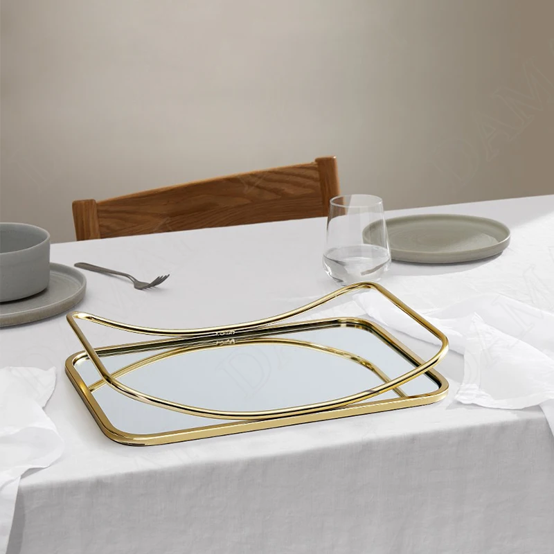 

European Metal Mirror Storage Trays Creativity Modern Living Room Tableware Organizer Bedroom Cosmetic Container Home Decoration