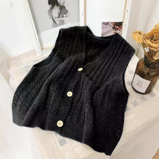 

2021 Spring Autumn Solid V-neck Single Breasted Knitted Cardigan Vest Female Han Fan Retro Vest Girls College Black