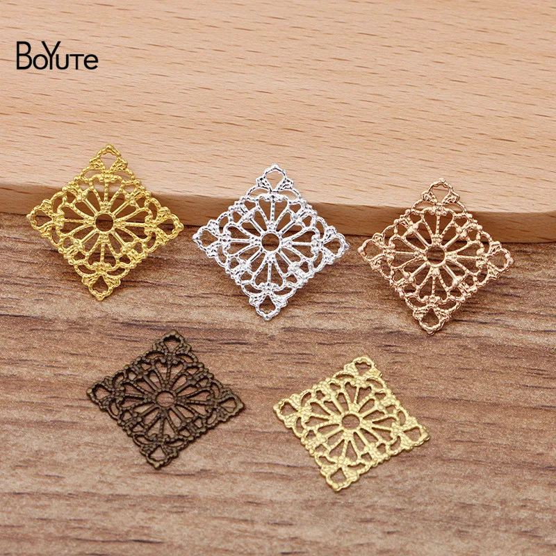 BoYuTe (100 Pieces/Lot) 15MM Metal Brass Stamping Square Filigree Findings Diy Handmade Jewelry Accessories Wholesale