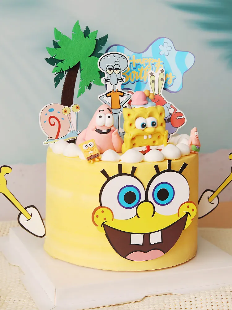 Yellow Sponge Baby Theme Cake Toppers for Birthday Party Cartoon Baby Shower First Birthday Cake Decoration Supplies Gifts Toy