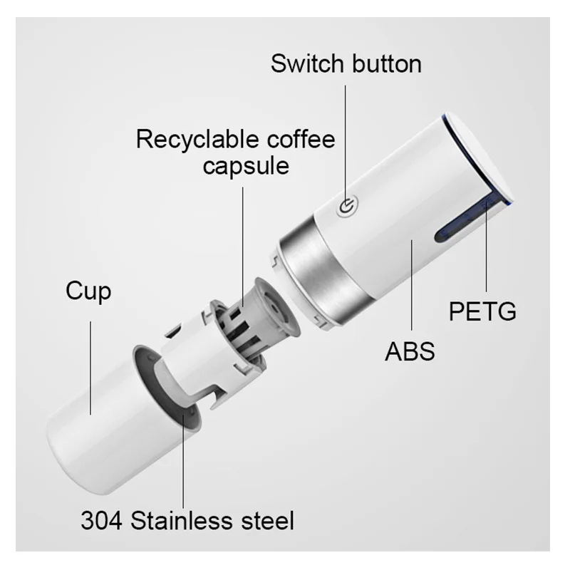 Molinillo de granos de café portátil de viaje con carga USB, Cafetera de cápsula de café de acero inoxidable, olla de goteo