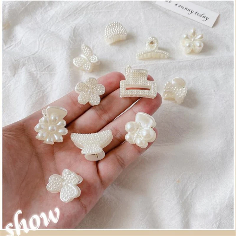 10Pcs/Lot Mini Hair Claw Imitation Pearl Headdress Cute Hairpin Solid Color Flower Head Clip Kid Headwear Girls Hair Accessories